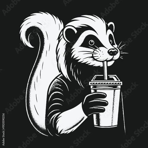 Skunk Sipping Beverage: A Whimsical Black and White Illustration.