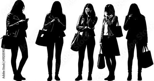 Silhouettes of five modern young women standing together while holding handbags and looking at their mobile phones in black and white.