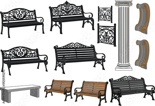 Classic vintage park bench collection with wrought iron filigree details stone pillar and decorative garden furniture elements vector.