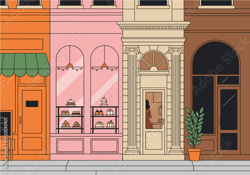 Flat vector illustration of a charming city street with colorful shop fronts including a bakery and boutique stores.