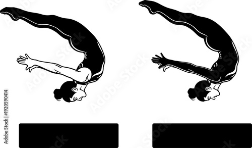 Black silhouette illustration showing sequence of a female gymnast performing an athletic backflip over a vault on white background.