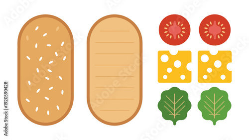 Flat of sandwich ingredients including bread cheese tomato and lettuce