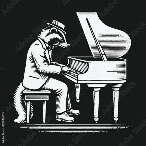 Whimsical Badger Pianist in Classic Engraving Style Illustration.