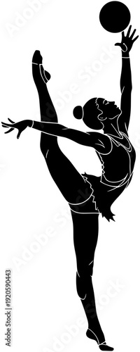 Beautiful black silhouette illustration of a flexible young female rhythmic gymnast performing a graceful routine with a ball.