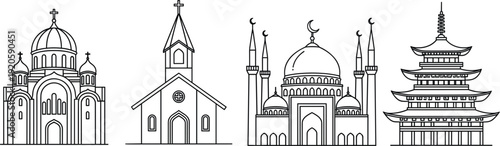 Religious Buildings Line Icon Set with Church Mosque Cathedral and Temple Architecture Symbols for Faith Culture and Spiritual Vector Illustration