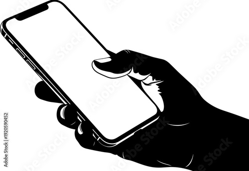 High contrast black silhouette illustration of a human hand holding and using a modern mobile smartphone blank screen.
