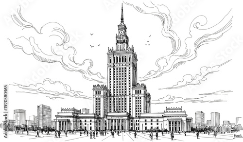 Detailed architectural line art sketch illustration of a tall majestic historical city building skyscraper with clouds in the background.