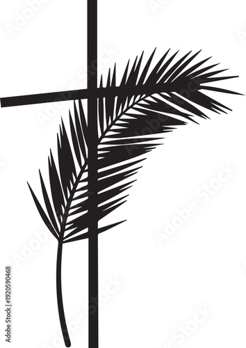 Simple religious cross with palm leaf vector silhouette for church holiday illustration art