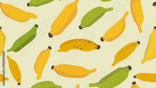 Seamless pattern of hand drawn yellow and green bananas on beige background. Tropical fruit seamless wallpaper