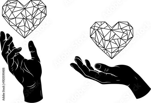 Black silhouette illustration featuring human hands holding and reaching for modern geometric low poly wireframe heart shapes on white background.