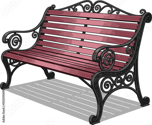 Classic vintage wooden park bench with decorative black wrought iron frame isolated on white background for garden and outdoor landscaping design.