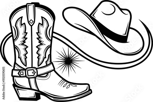 Classic western cowboy boot with spur and traditional stetson hat black and white line art vector illustration graphic design elements.