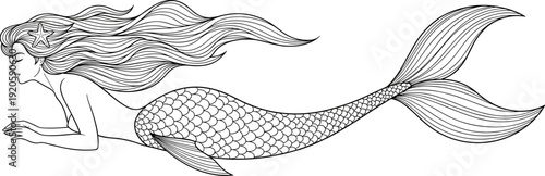 Beautiful mythical swimming mermaid with long flowing hair and detailed scaly tail black and white line art coloring page illustration.