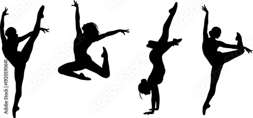 Set of female gymnast dancer silhouettes performing rhythmic gymnastics acrobatic poses ballet leaps and handstands in black and white vector.