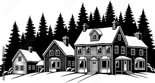 Black and white vector illustration of a peaceful winter village landscape with snow covered houses and tall pine trees in background.