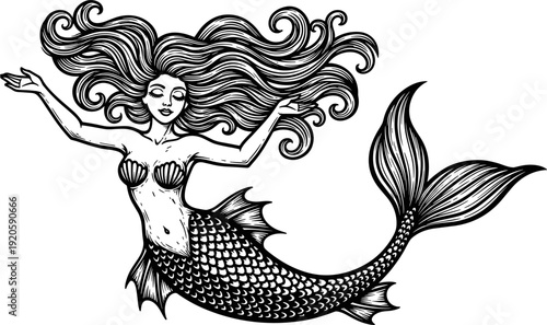 Detailed black and white line art illustration of a beautiful magical mermaid with long flowing hair swimming under the deep ocean.