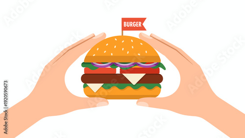 Hands holding a delicious juicy burger with lettuce tomato onion cheese and a red flag