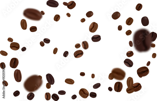 Dynamic flying roasted coffee beans scattered with motion blur effect