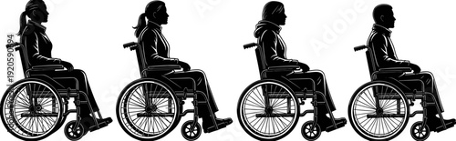 Black silhouette vector illustration of four diverse people sitting in wheelchairs lined up in a row showing disability and accessibility.