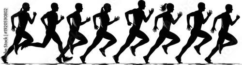 Title: Sequence of a female runner silhouette demonstrating the complete stride cycle during a fast sprint or athletic training exercise.