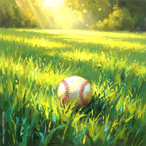 Baseball resting in green grass with warm sunlight