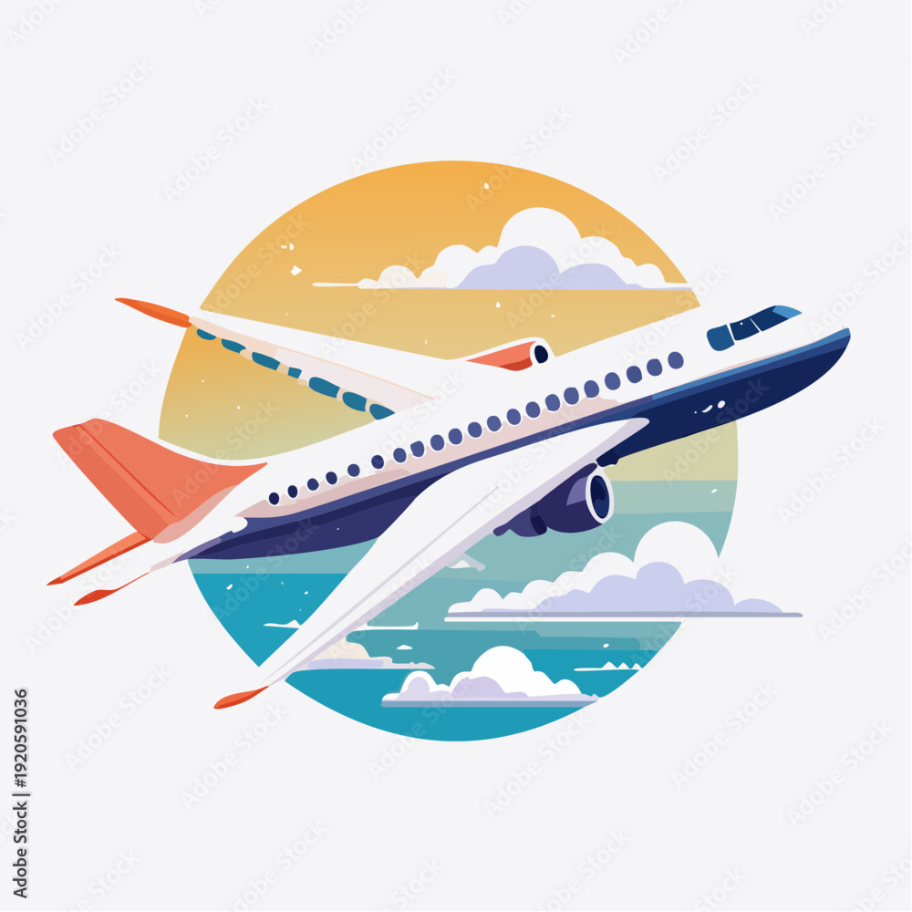 Fototapeta premium Dynamic illustration of a passenger plane in mid-flight above clouds, capturing the spirit of exploration and global connection