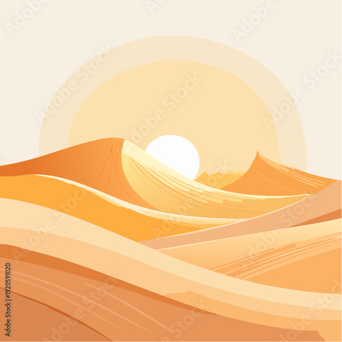 Vast Desert Dunes Under a Golden Sun, A Serene Landscape Illustration