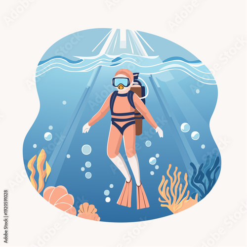 Scuba diver exploring the underwater world with coral reefs and sunlight