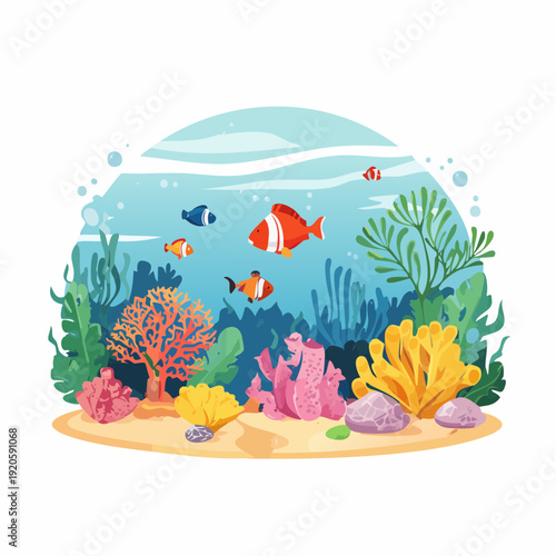 Vibrant underwater coral reef teeming with colorful fish and marine life