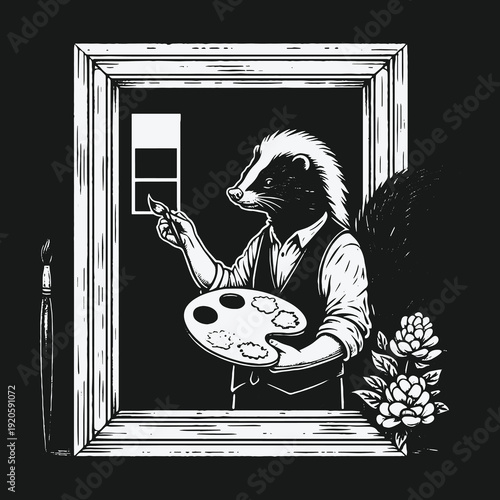 Skunk artist painting in a frame with flowers.