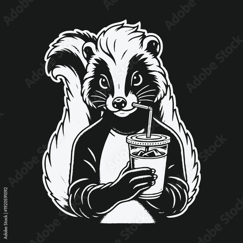 Skunk enjoying a refreshing drink with a straw monochrome art.