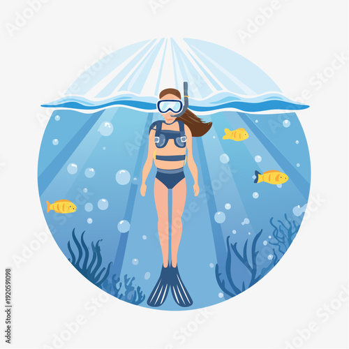 Scuba diver exploring underwater world with fish and coral reefs, illustration