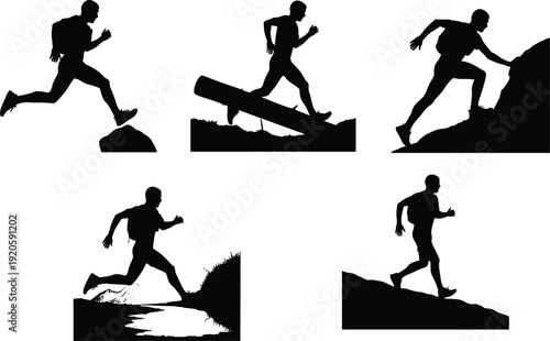 Set of trail runner silhouettes jumping over rocks crossing log climbing steep mountain and running through water in extreme outdoor terrain