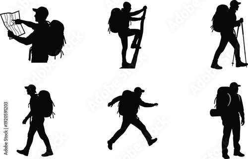 Set of hiker silhouettes with backpacks reading map climbing ladder walking with trekking poles jumping and standing in outdoor nature adventure