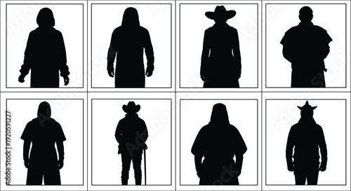 Set of mysterious character silhouettes in hooded cloaks and hats featuring cowboys monks and winter figures isolated in white frame boxes
