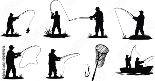 Set of fisherman silhouettes casting fishing rods catching fish and using nets in boat and on shore for outdoor hobby concepts
