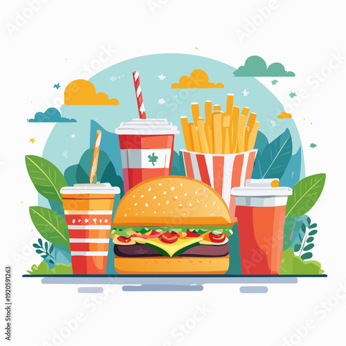 Delicious fast food items and drinks in a vibrant, stylized illustration