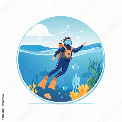 Underwater discovery A captivating illustration of a recreational diver exploring the vibrant aquatic world