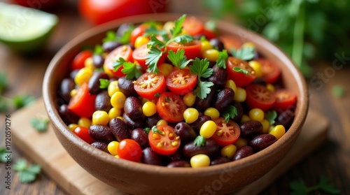 Colorful Southwest Bean Salad in Rustic Bowl