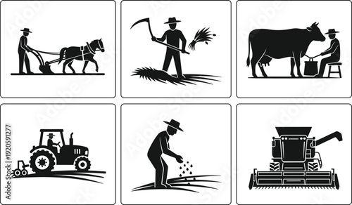 Agriculture farming icon set featuring traditional horse plowing harvesting with scythe milking cow sowing seeds and modern tractor with combine harvester machinery