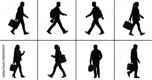 Set of diverse pedestrian silhouettes walking with briefcases backpacks and handbags for urban commute business travel and city lifestyle concept illustrations