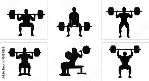 Set of weightlifter silhouettes performing powerlifting exercises including squats deadlifts overhead press and bench press for gym and bodybuilding fitness concepts