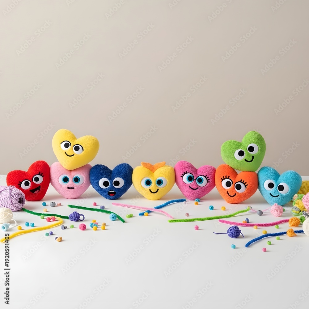 Fototapeta premium Colorful assortment of cute heart shaped toys with expressive faces arranged in a row on a white surface with confetti