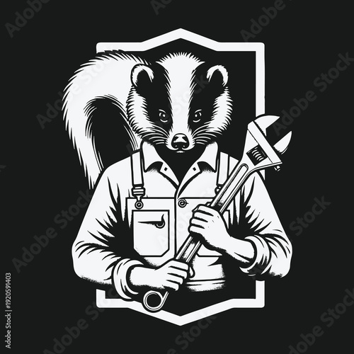 Skunk Mechanic Mascot Logo with Wrench and Overalls.