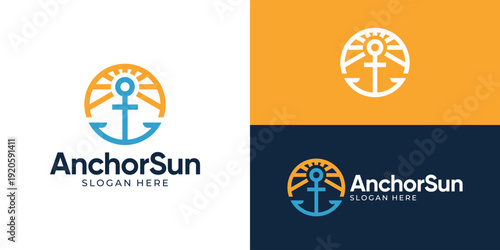 Creative simple anchor sun logo template. Anchor with sunlight logo design vector illustration.