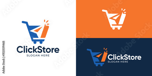 Creative simple click store logo template. Abstract cursor arrow in shopping cart symbol for online shop logo design vector illustration.