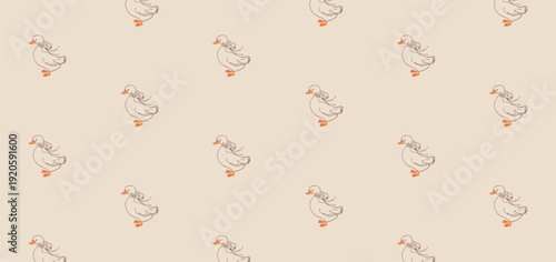 Set of cute trend illustrations of hand drawn goose sketch. Easter theme, duck pattern. For a greeting card, wrapping paper, invitation. Trendy pattern with cute white gooses. Seamless geese pattern