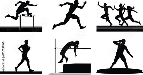 Black Silhouette Vector Illustrations of Track and Field Athletes Running Hurdling High Jumping Shot Putting and Relay Racing for Competitive Sports Branding