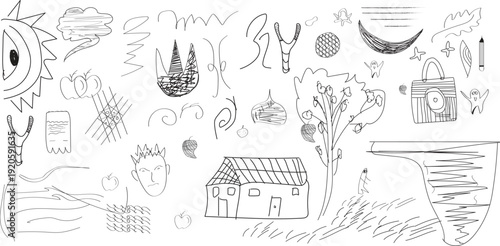 A blurry black and white sketch of a house and surrounding landscape