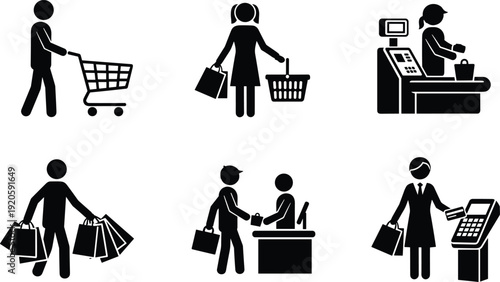 Black Vector Silhouette Icons of People Shopping with Carts Carrying Bags and Paying at Checkout for Retail Commerce and Consumerism Marketing